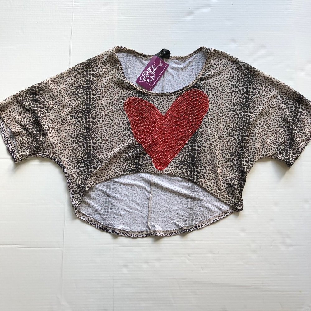 Vtg Y2K Red Heart T-Shirt Sz M Cropped Top Baby T Barbicore Animal Print Shirt